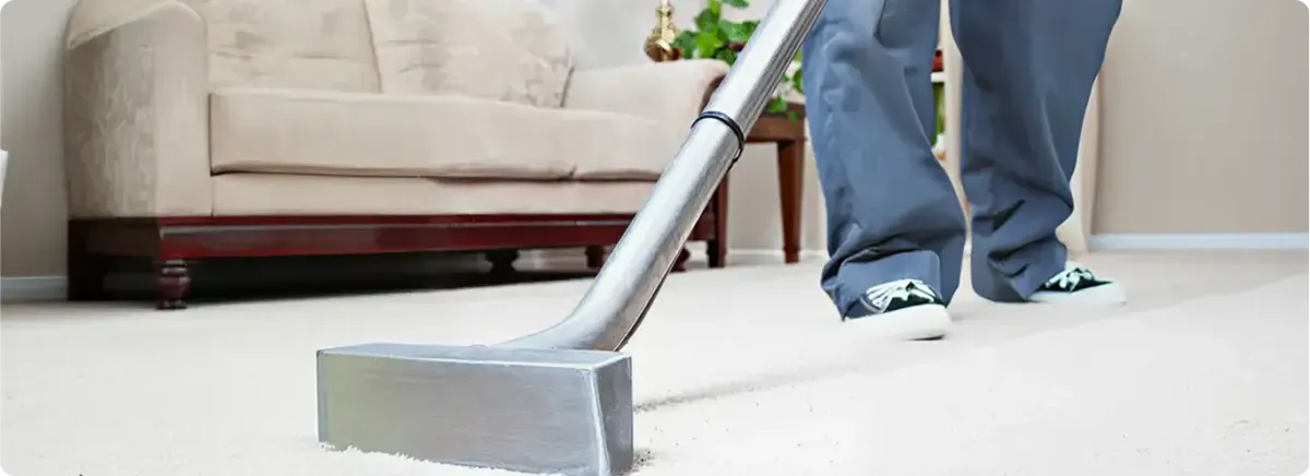 Carpet cleaning technician using a hot-water extraction wand on a light-colored carpet in a living room, Dayton, OH.